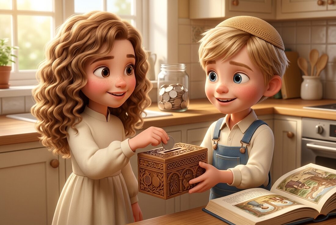 A girl putting a coin in a tzedakah box a boy is holding