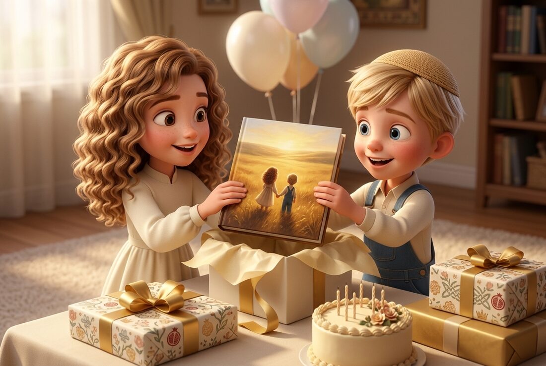 Two children unwrapping a personalized Torah Tale storybook at a birthday table