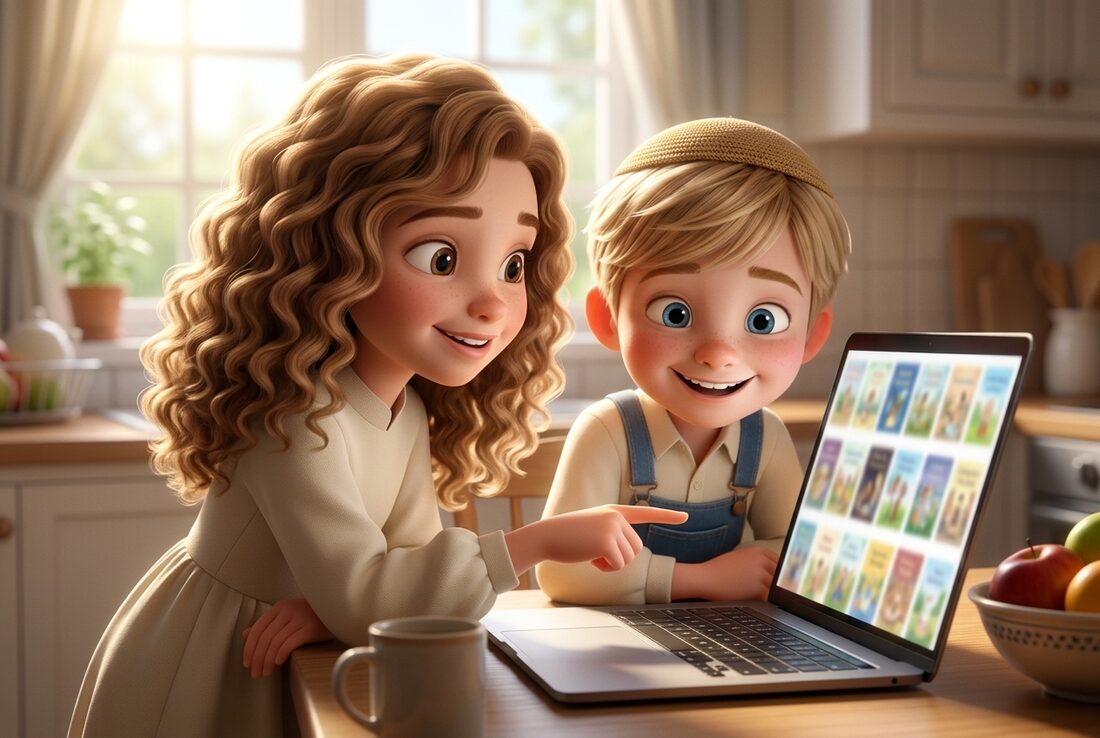 Two children at a kitchen table with a laptop, choosing the story for their Torah Tale book
