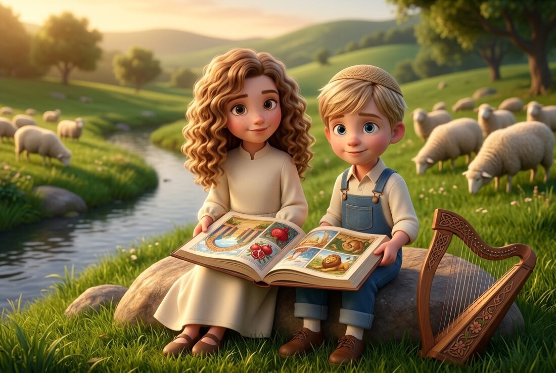 Two children reading a Torah Tale storybook beside a stream