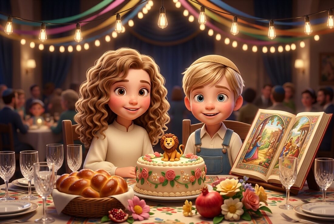 Two children at a family simcha table set with a cake, challos and flowers