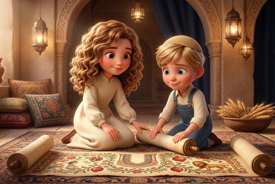 Two children unrolling an illustrated scroll in a palace hall