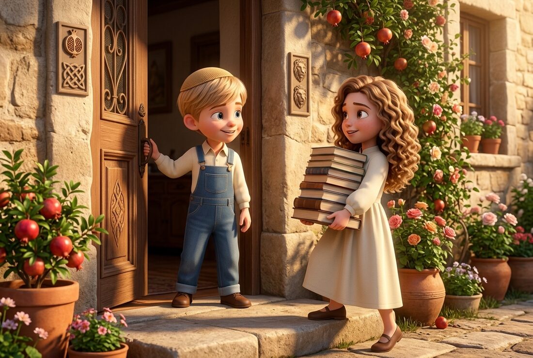 A boy holding a door open for a girl carrying a stack of books