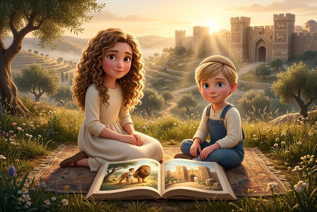 Two children with a Torah Tale storybook on a hilltop in Eretz Yisrael
