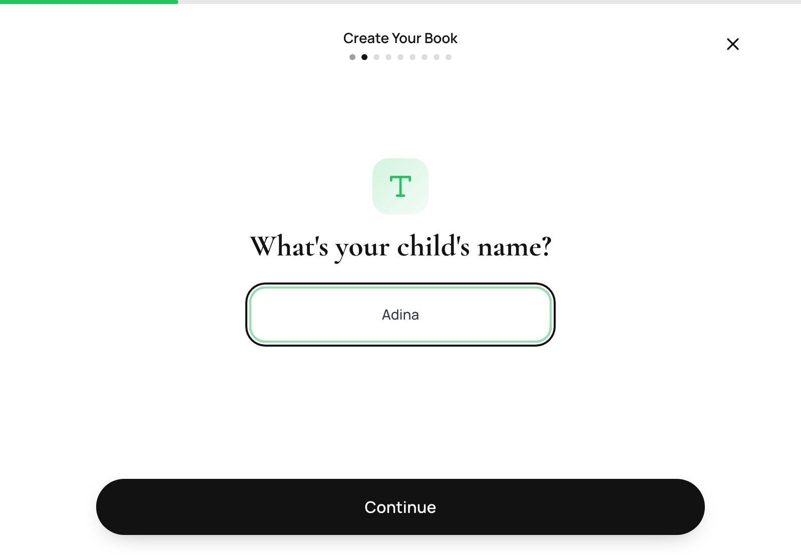 Wizard step 1 — entering the child's name