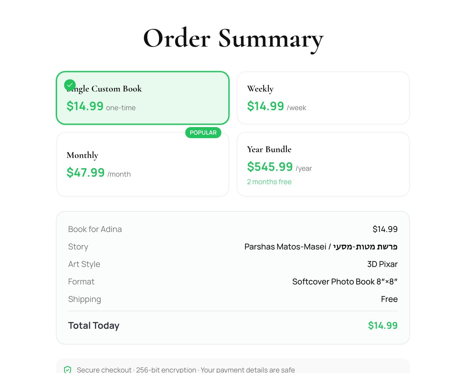 The order summary — single book or weekly, monthly, and yearly subscription plans