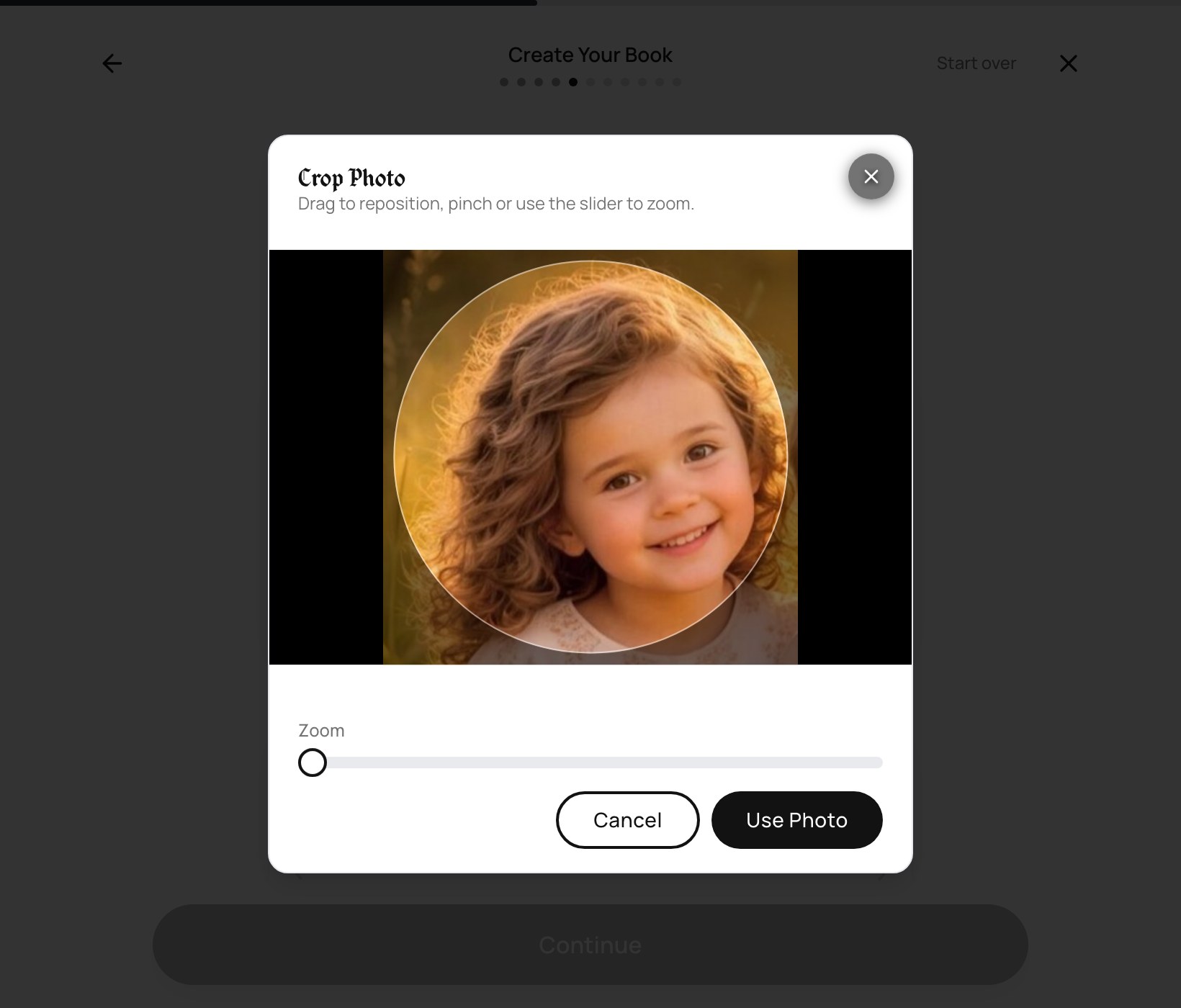 The built-in crop tool, with the child's face framed in a circle