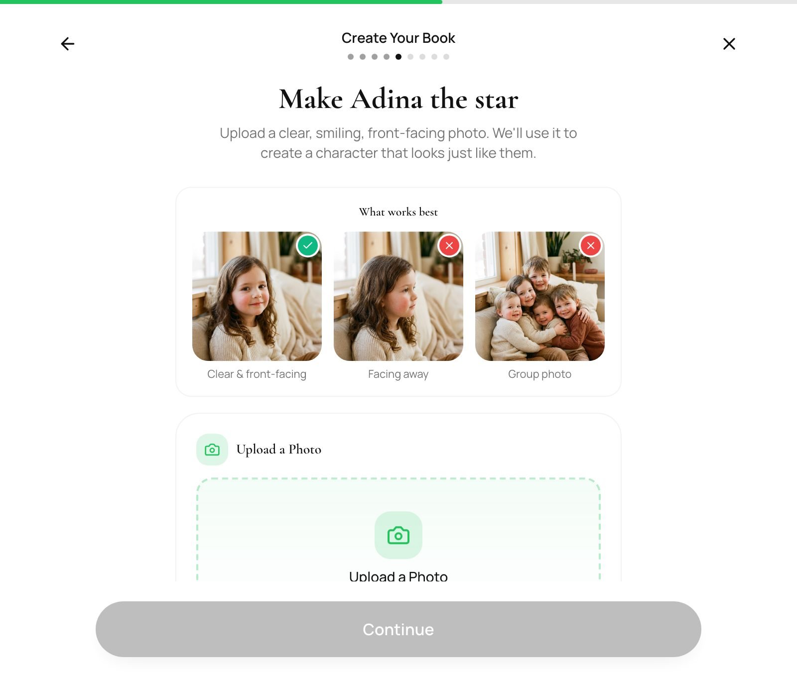 Wizard step 4 — photo upload with a guide showing which photos work best