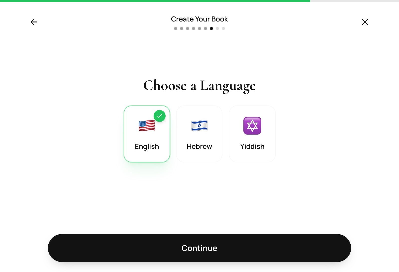 Wizard step 6 — choosing English, Hebrew, or Yiddish