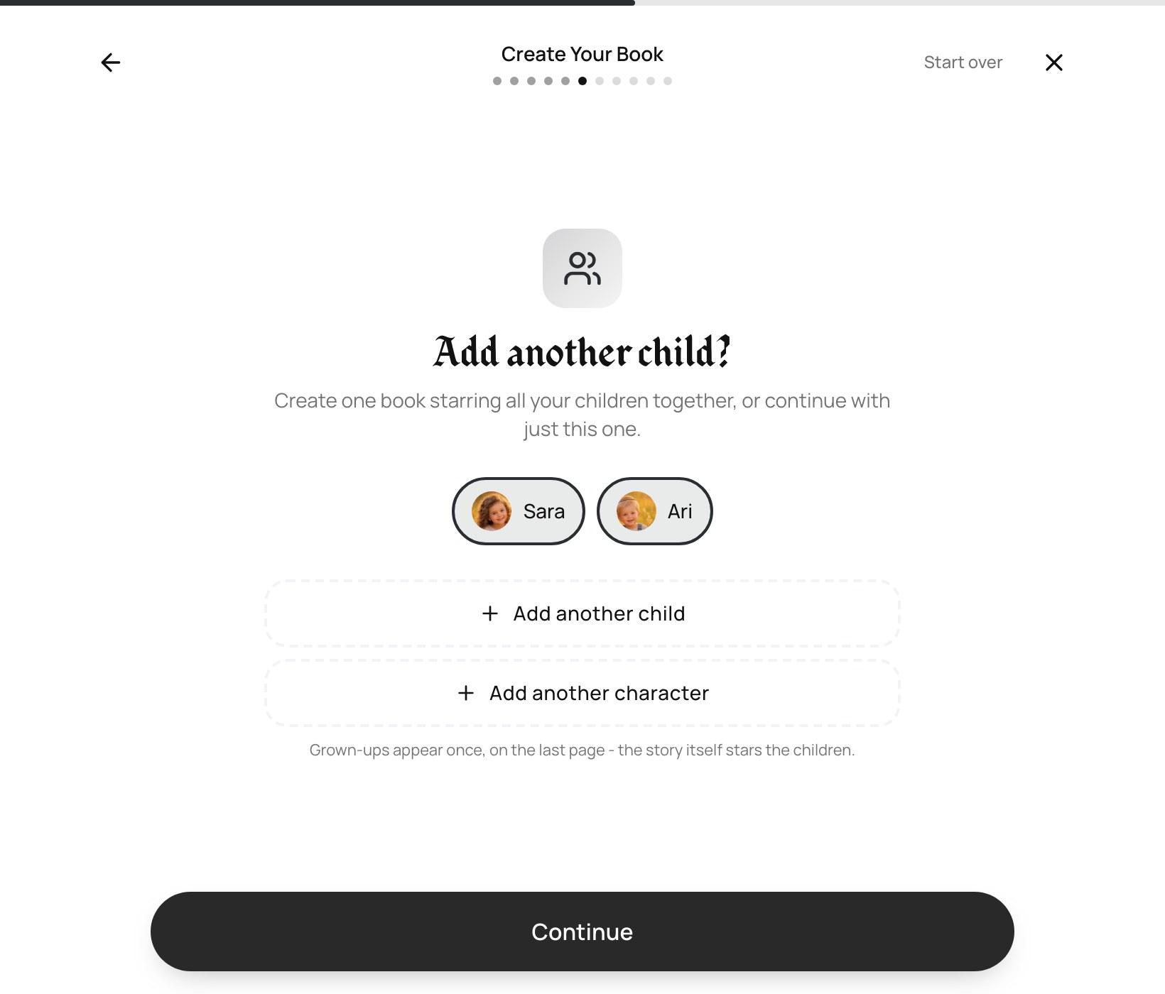 The add-another-child step, showing the children added so far