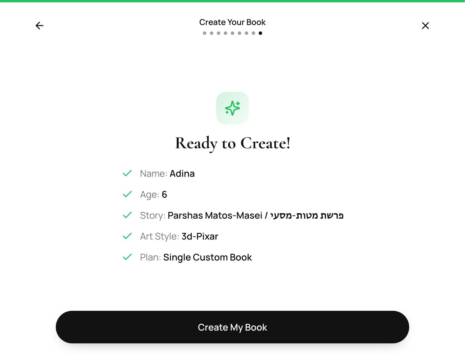 Wizard step 8 — the review screen before generating the book