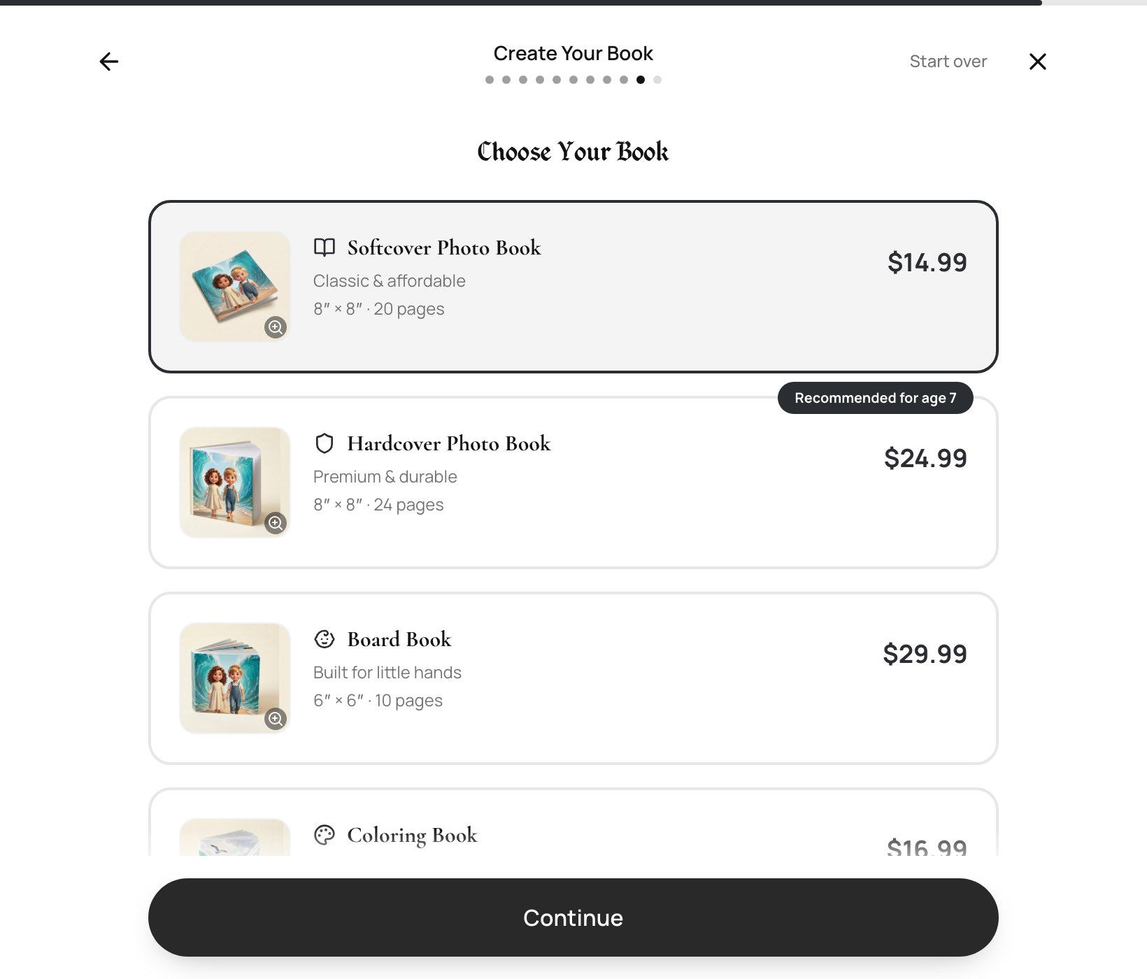 The Choose Your Book screen with softcover, hardcover, board book and coloring book options